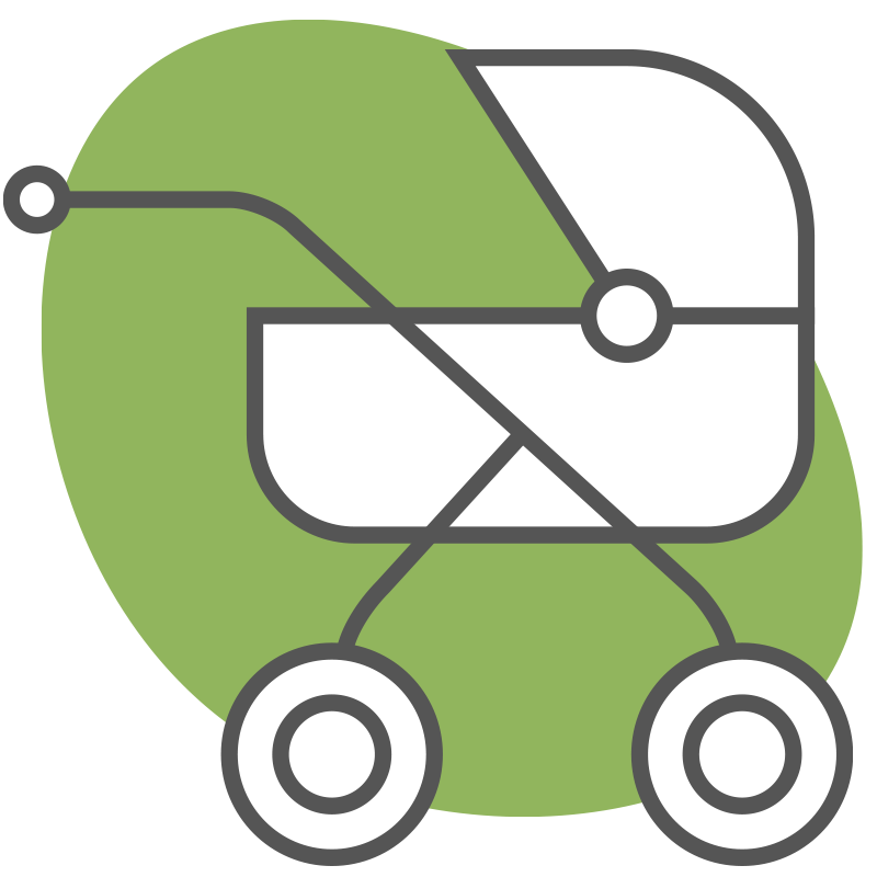 Icon of stroller with green abstract shape